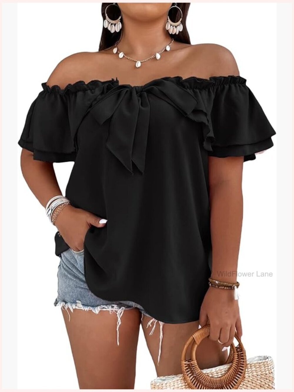 Plus Size Off Shoulder Top Ruffle Short Sleeve Blouse Tie Front